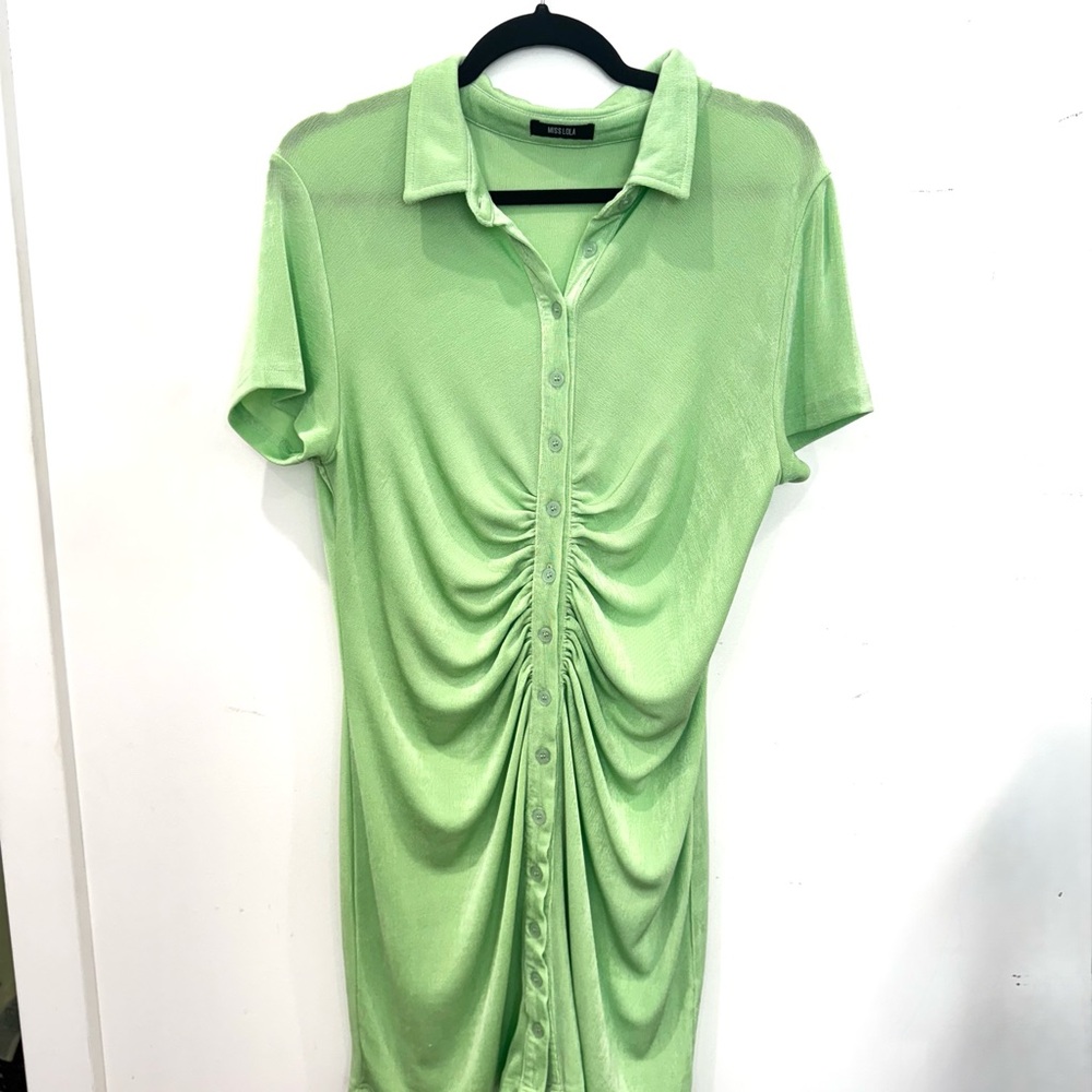 Green Ruched Button-Up Dress
